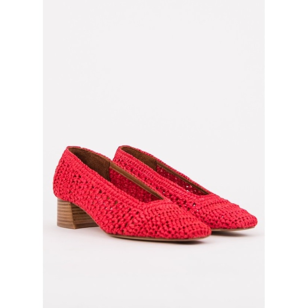 Miista Noa Ruby Raffia Woven Mid-Heels Red Square Toe Block Heel Pumps Size 38